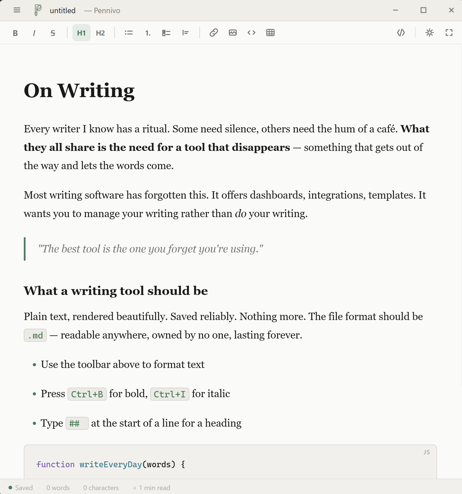 The Pennivo editor showing a beautifully typeset document