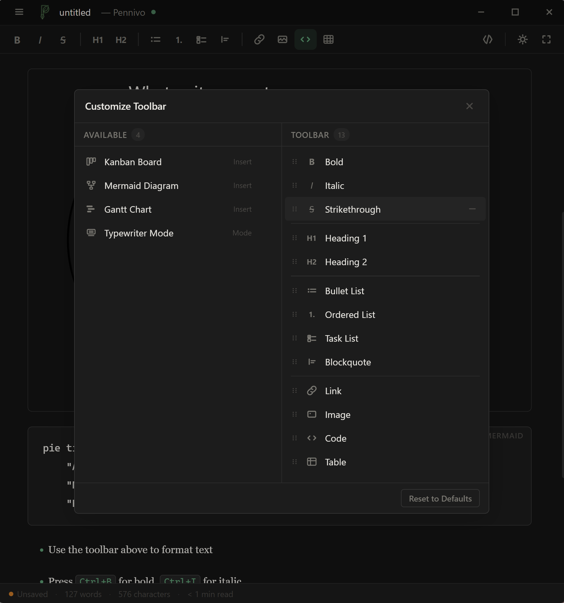Toolbar customization panel